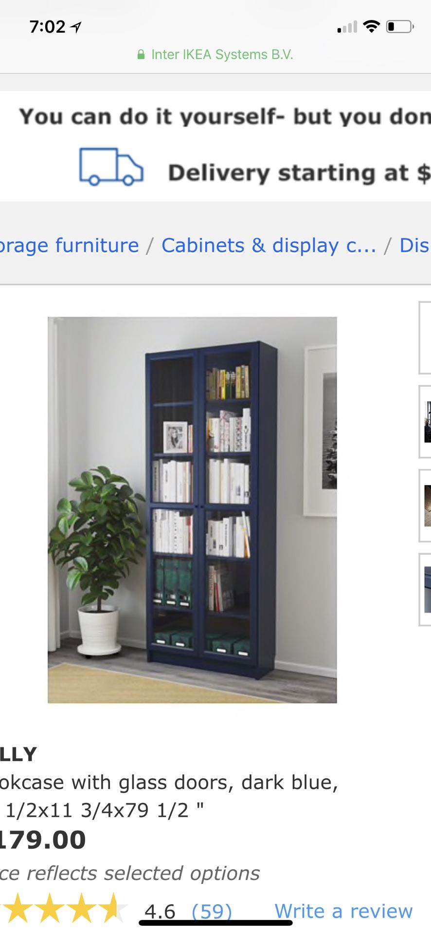IKEA BILLY Bookcase with glass doors, dark blue, 31 1/2x11 3/4x79 1/2 "