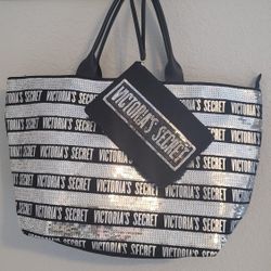 VICTORIAS SECRET SEQUIN WEEKENDER GETAWAY BAG TRAVEL TOTE & POUCH 