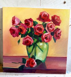 Original oil painting “Golden Hour Roses”, 14x14