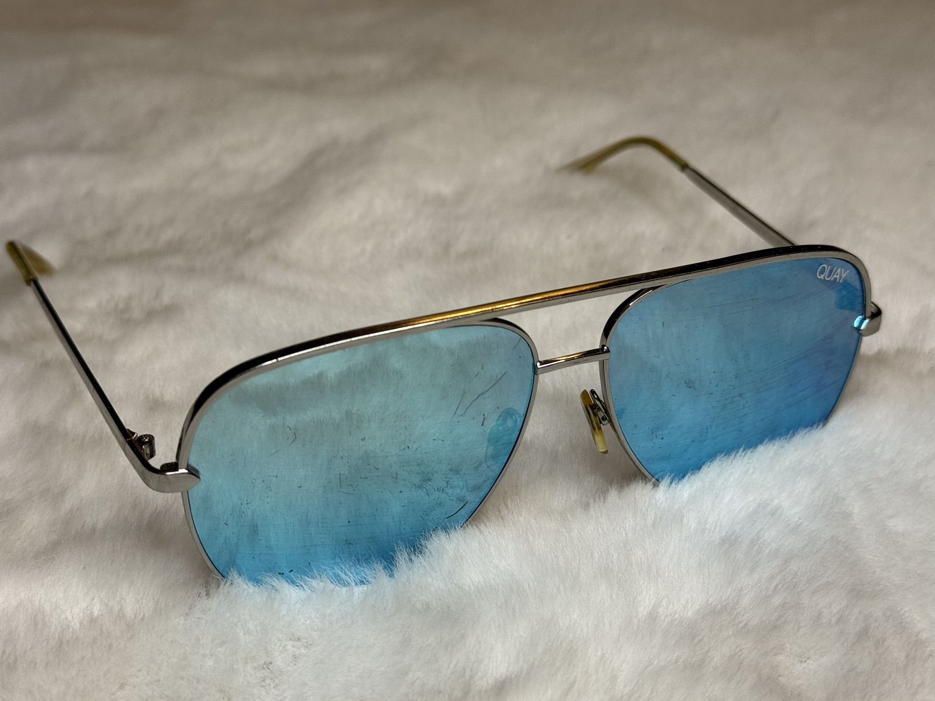 Quay X Desi High Key Silver and Blue Mirrored Aviator Sunglasses