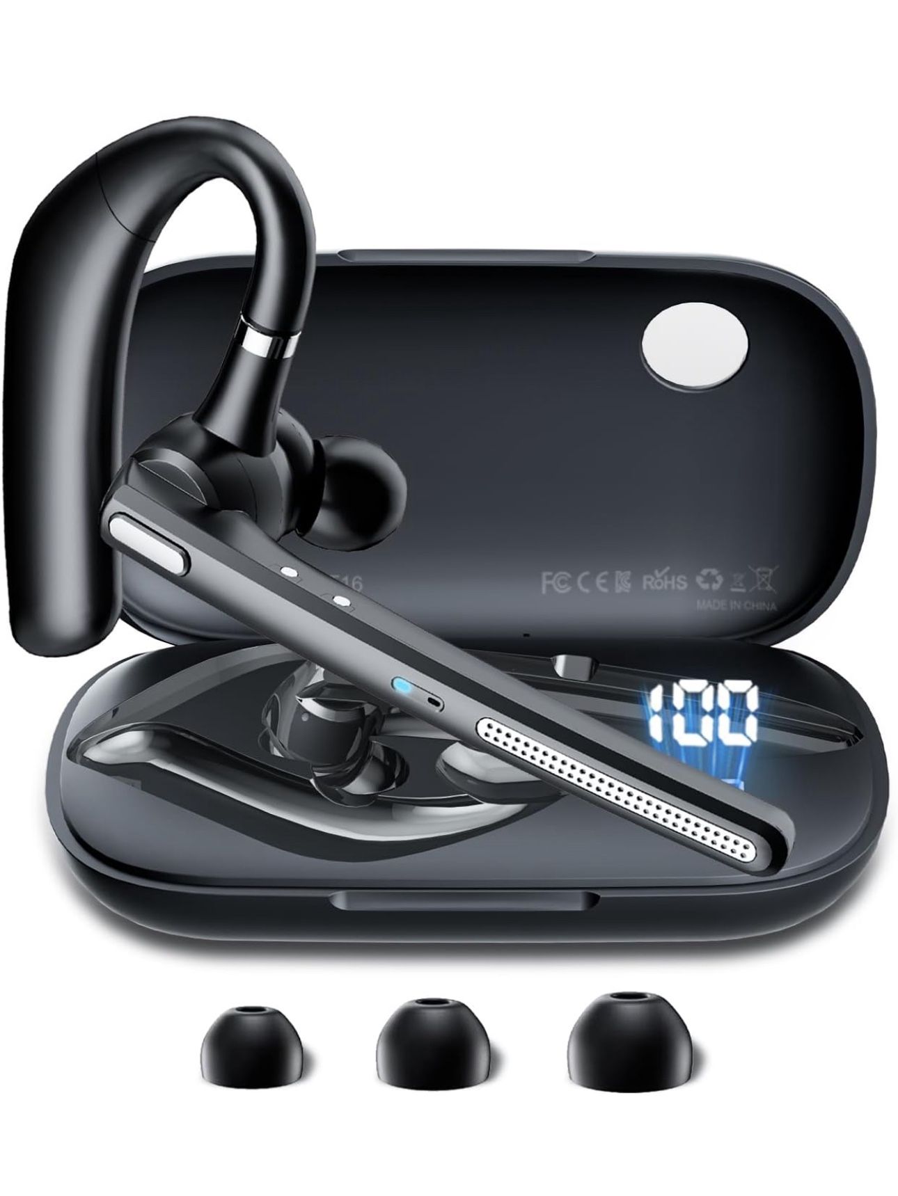 Bluetooth Headset V5.3, Wireless Earpiece with 500mAh Charging Case Hand-Free Headphones Noise Canceling Mic for Office/Driving/Business