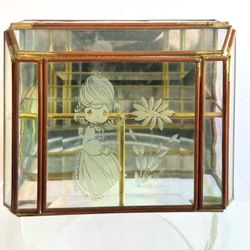 Vintage etched jewelry /trinket box Glass, Mirror & Brass Precious Moments Girl