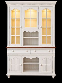 White Wood China Hutch Cabinet with Lighting