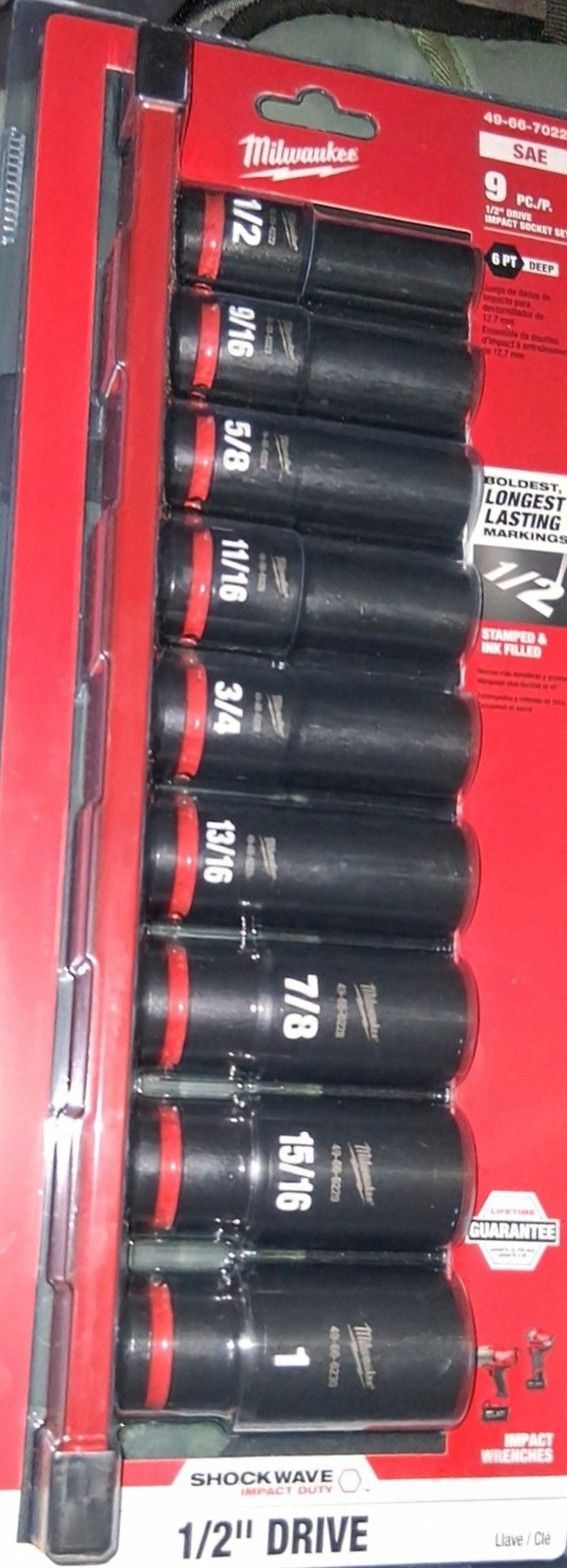 9-pc. Milwaukee Shockwave 6 pt Deep Sockets; SAE, 1/2 in. Drive
