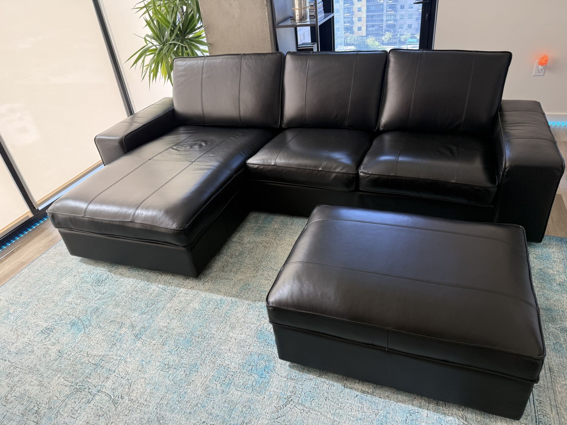 Black Leather Sofa with chaise & Ottoman