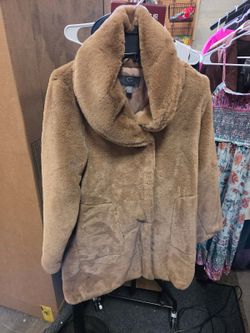 Gallery New York Plush Faux Fur Hooded Coat Jacket Cognac Brown Small NEW