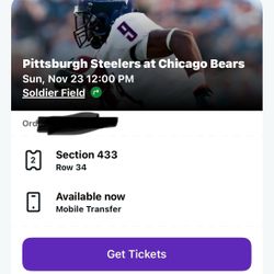 2 Tickets To Chicago Bears VS Pittsburgh Steelers Game  