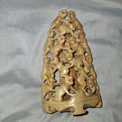 Chinese 5" Hand-Carved Soapstone 15 Monkey Pyramid Sculpture