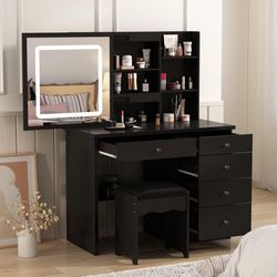 Homsee Vanity Desk Set Makeup Table with Large Sliding Lighted Mirror, Dressing Table