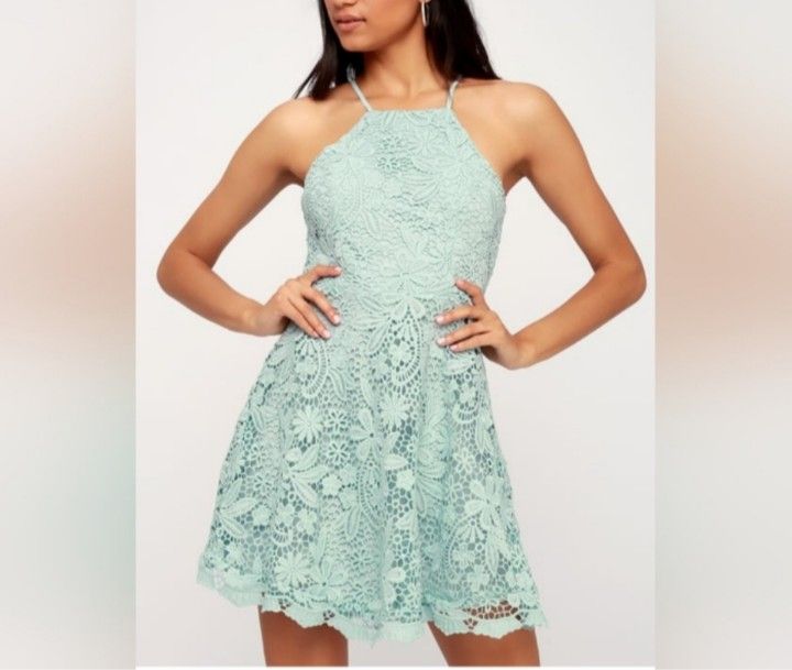NWT Lulu's Love in the Air Mint Blue Lace Skater Dress Size Medium