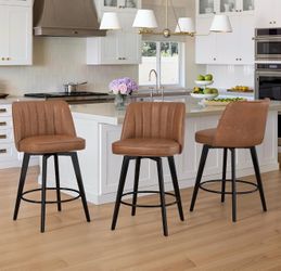 LUE BONA 360° Swivel Leather Bar Stools Set of 3, 26" Counter Height Barstools with Backs and Metal Legs, Modern Upholstered Bar Chairs for Kitchen Is