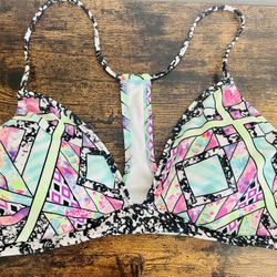 Victoria's Secret VS Swim Bikini Top Size L White Pink Colorful Geo Strappy