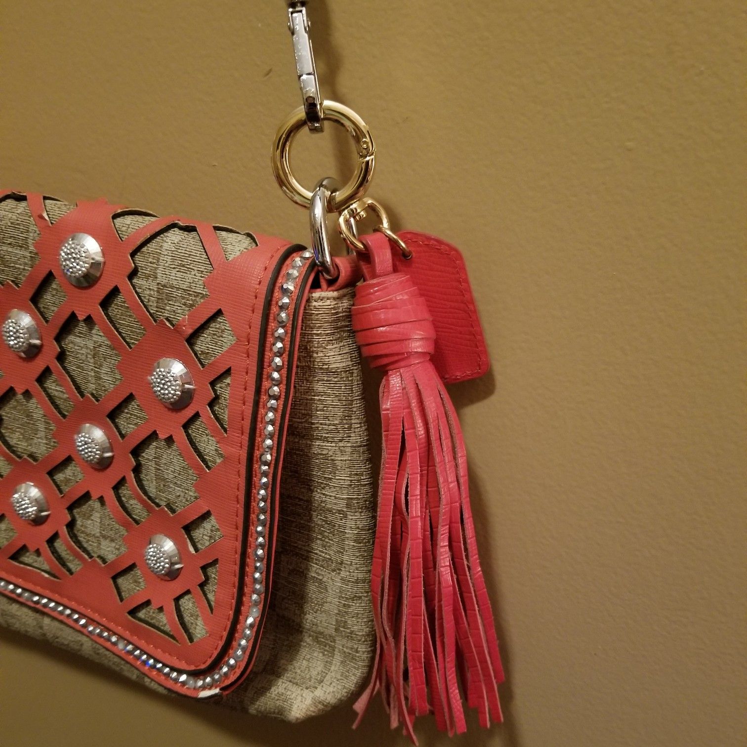 Boutique Coral and Tan Crossbody with studs.