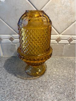 Viking Glass Amber Diamond Point Fairy Lamp Vintage Candle Holder. Item is 7” tall x 4”.