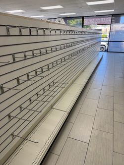 White Slatwall Display Unit with Glass Shelves and Hang Hooks