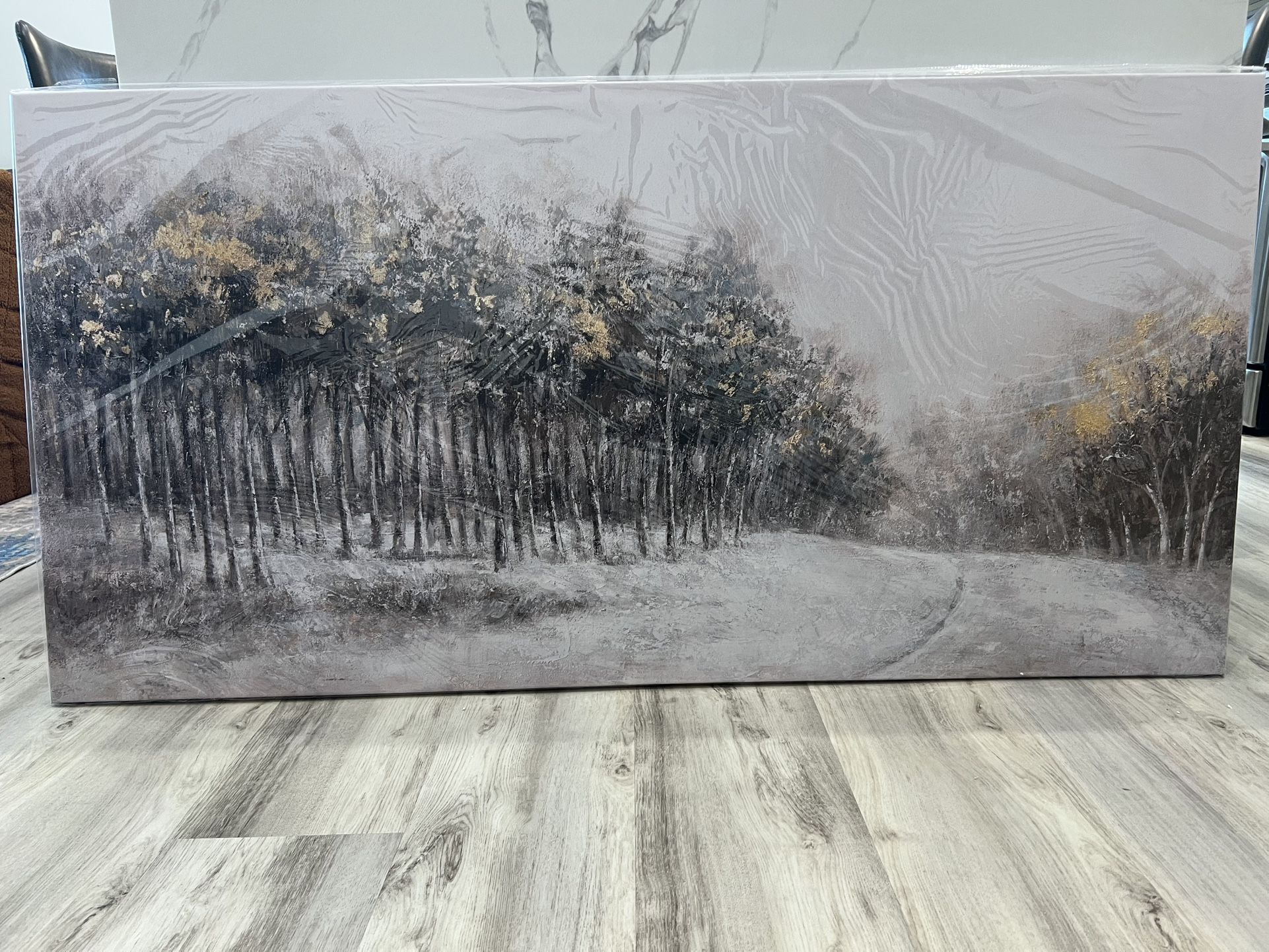 Minimalist Wall Art Forest Wall Decor Gold Foil 29x58 Grey and White