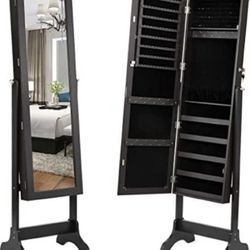 Free standing jewelry box with mirror and locking door