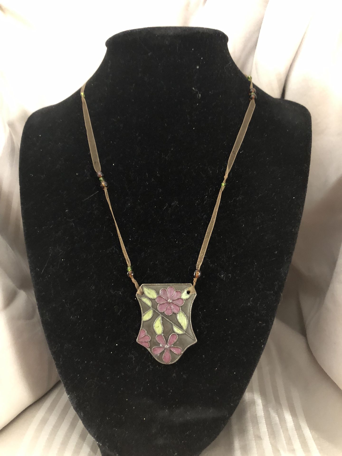 Purple &Green Enamel Pendant Necklace Sheer Cord 9 1/2” Drop Excellent Condition