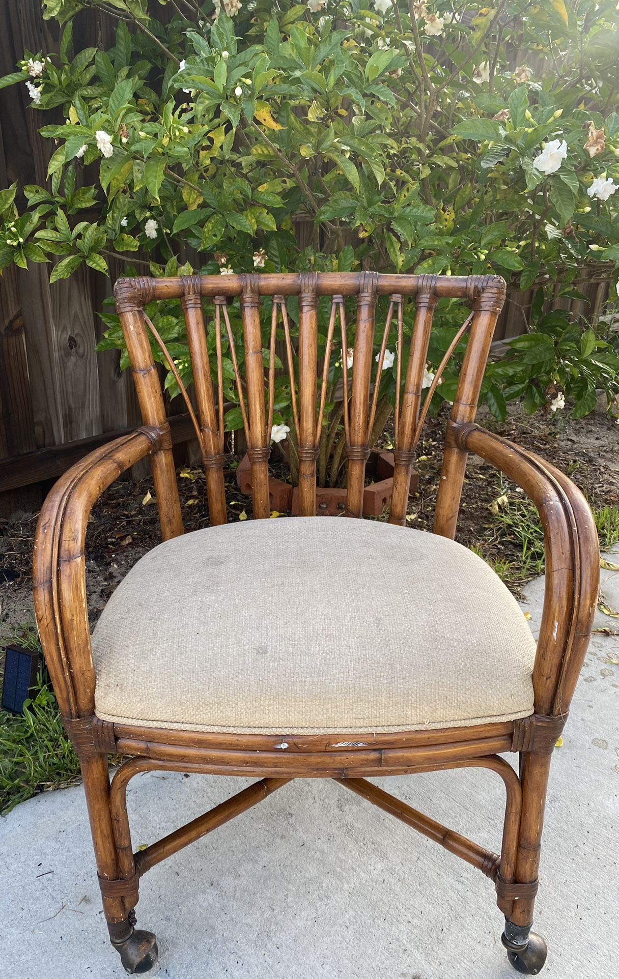 Wooden Wicker Chair With Cushion On Rollers