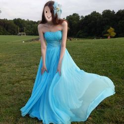 Long, Sleeveless Pool Blue Prom Dress with Cascading Sheer Overskirt