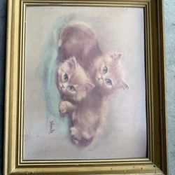 Vintage 1960's Print by “Sherle” Orange Tabby Blue Eyed Kittens Framed 19”x24”