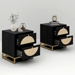 Rattan Nightstand with 2 Drawers, Wooden End Table Rattan Weaving Bedside Table Accent,Rustic Side Table Night Stand with Storage,for Living Room Bedr