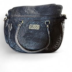 Betsey Johnson Black Pebbled Leather Satchel Bag Gold Logo