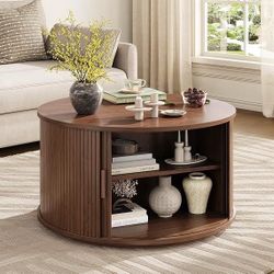 31.5" Round Coffee Table with Sliding Door/Hidden Storage, Walnut