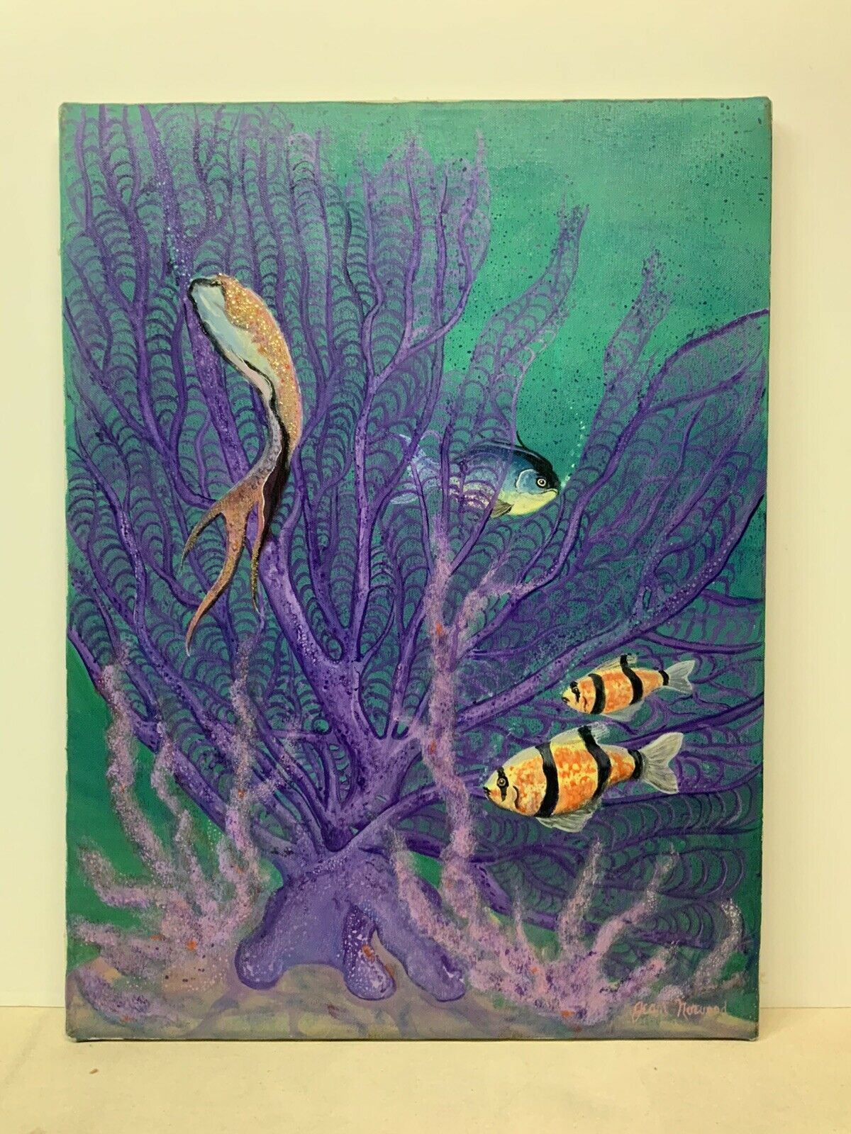 Original Oil Painting On Canvas Fish In Reef Glitter Signed Jean Norwood 18x24”