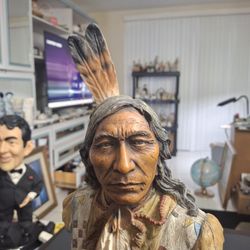 Incredible Native American Highly Detailed Bust Statue On Wooden Stand Adorned With Turquoise Accents 16.5" Tall 