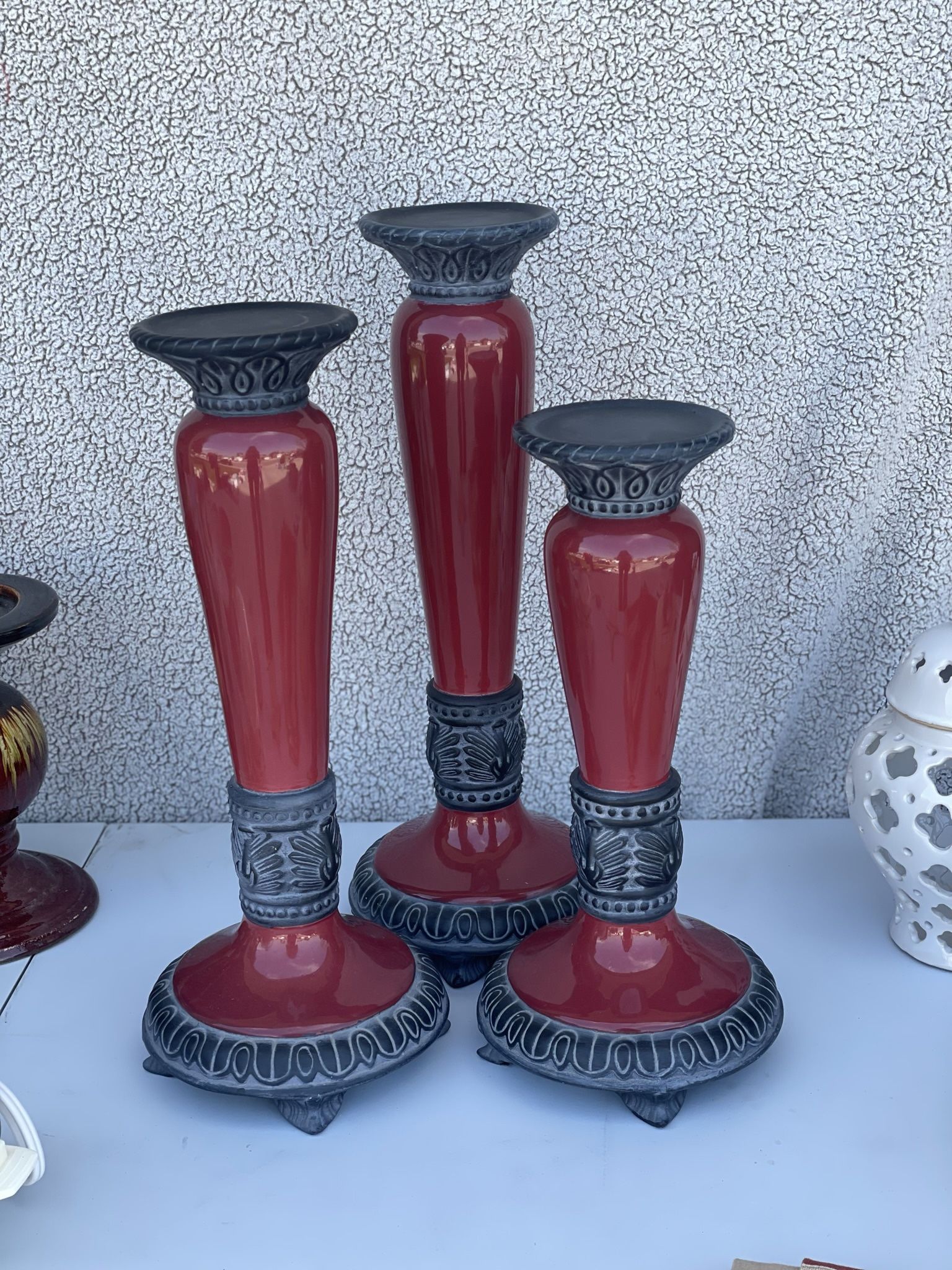Burgundy Pillar Candle Holders / Ceramic 