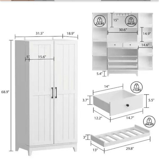 White Wood 31.5 in. W Buffet Kitchen Wine Cabinet With Double Doors, Pull-out Wine Rack, Drawers