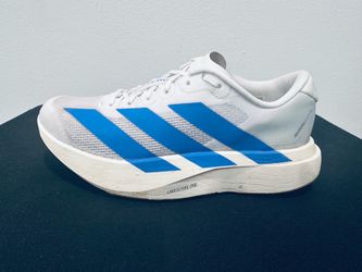 ADIDAS ADIZERO WHITE RUNNING SHORS WITH BLUE THREE - STRIPES  SIZE: 7.5 WOMENS