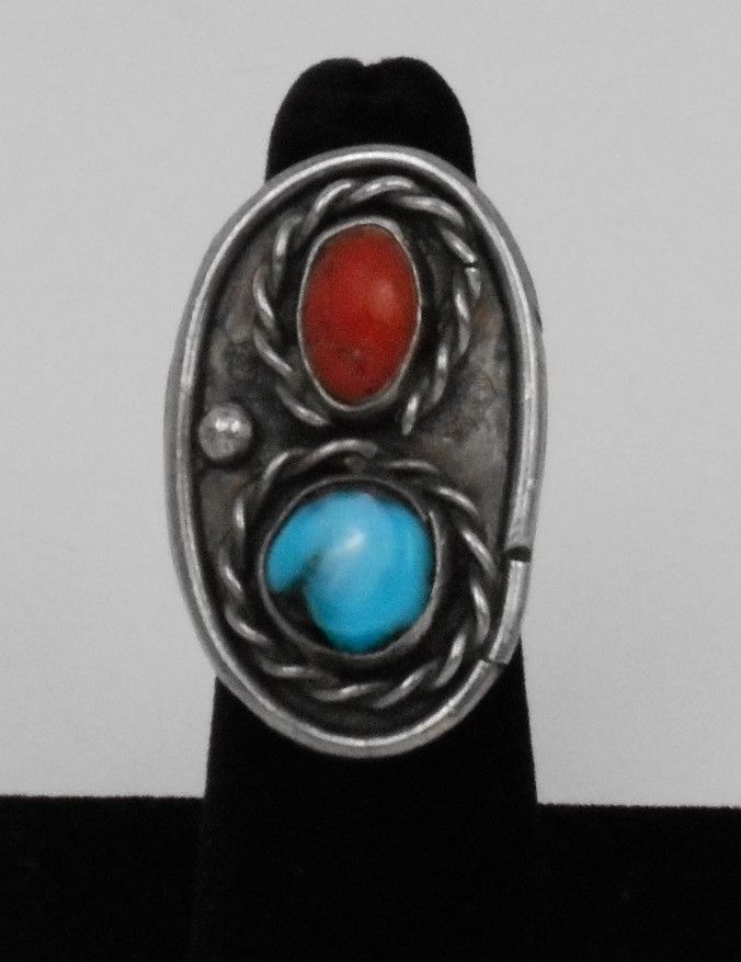 Vintage Coral Turquoise Sterling Silver Estate Ring