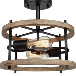 Lakumu 2-Light Retro Semi Flush Mount Ceiling Light Fixture, Rustic Vintage Wood Ceiling Light Black Metal, Industrial Farmhouse Ceiling Lamp for Hall