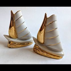 Rare Hard To Find Vintage 22kt Gold Sailboats Mcm Mid Century Modern  Porcelain  Wall Pocket Vase Pair 