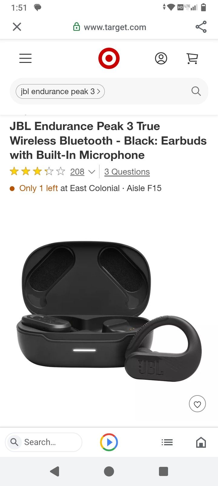 JBL ENDURANCE PEAK 3- WIRELESS/ BLUETOOTH EARBUDS