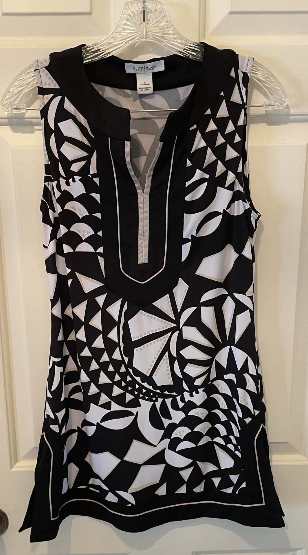 WHBM black/gold/white sleeveless geometric print tunic dress small 