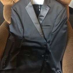Black Tuxedo Calvin Klein Flat Front 44L Coat, 2 shirts 16-36/37, pants tailored approx 36x34