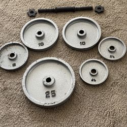 Cast Iron Weight Plates 10, 25, 5, 2.5 Pounds & Handheld Barbell Set