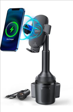 15W Qi Wireless Car Charger Cup Phone Holder, Fits 3"–4" Round Cup Holders, Adjustable Long Arm & 360° Rotation, Compatible with iPhone 17 16 15 14 13