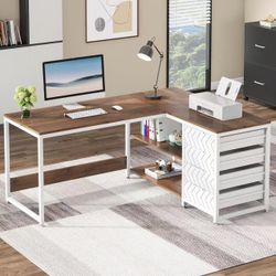  L Shaped Computer Desk Home Office, Walnut & White