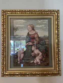 Beautiful Cherub And Mother Mary Tapestry In Gold Gilded Frame
