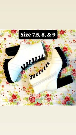 New Women White Combat Lugged Block Heel Platform Lace Up Boots Faux Leather
