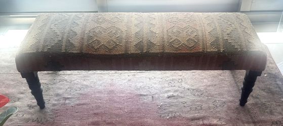 Vintage Kilim-Style Upholstered Bench, Turned Wood Legs, Nailhead Trim — 49"L x 17"D x 15"H