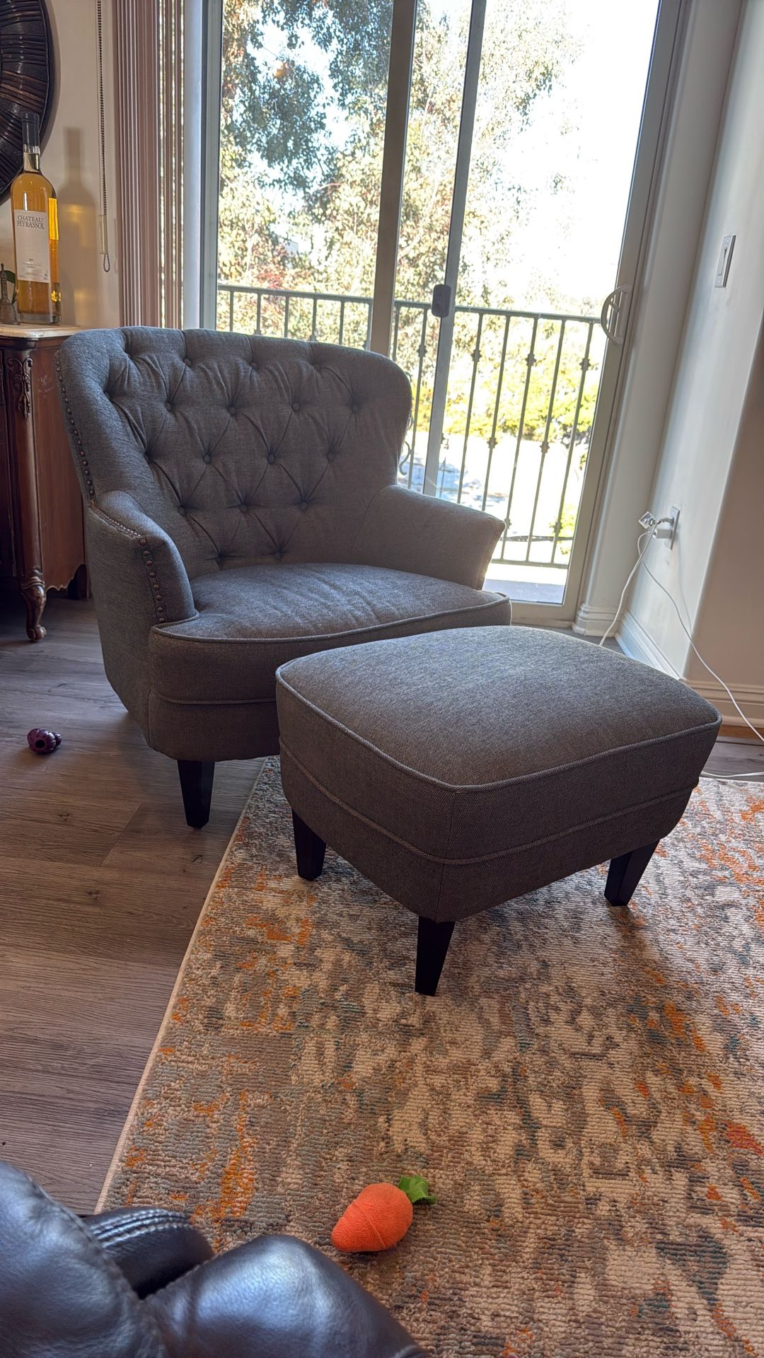 Noble House Gray Tufted Barrel Chair + Ottoman Set - Like New