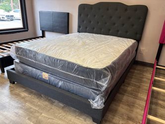 🖤 Brand new upholstered dark grey tufted queen size bed with mattress + box spring • Pay after delivery