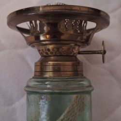 Antique Vintage Mini Green Glass Round Bottom Base Karosene Lamp  W / Original Wick