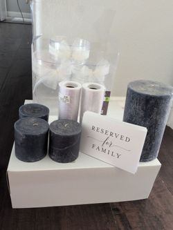 Wedding decor: 8 acrylic 4 3/4 x2 inch clear storage, 4 x 7" and 3 3 x3" pillars, 2 spools of tulle