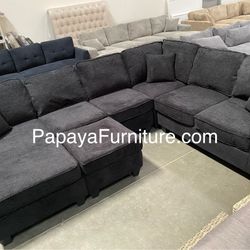 New 113” Chennile Sectional Couch, U-Shaped Sectional Sofa, Couch, Sectionals, Sectional And Ottoman, Couch, Black Sectional, Reversible Chaise Sofa